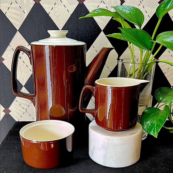 Vintage Chocolate Brown & Cream Coffee Pot Set – Mid-Century Modern Charm - Picture 2 of 6